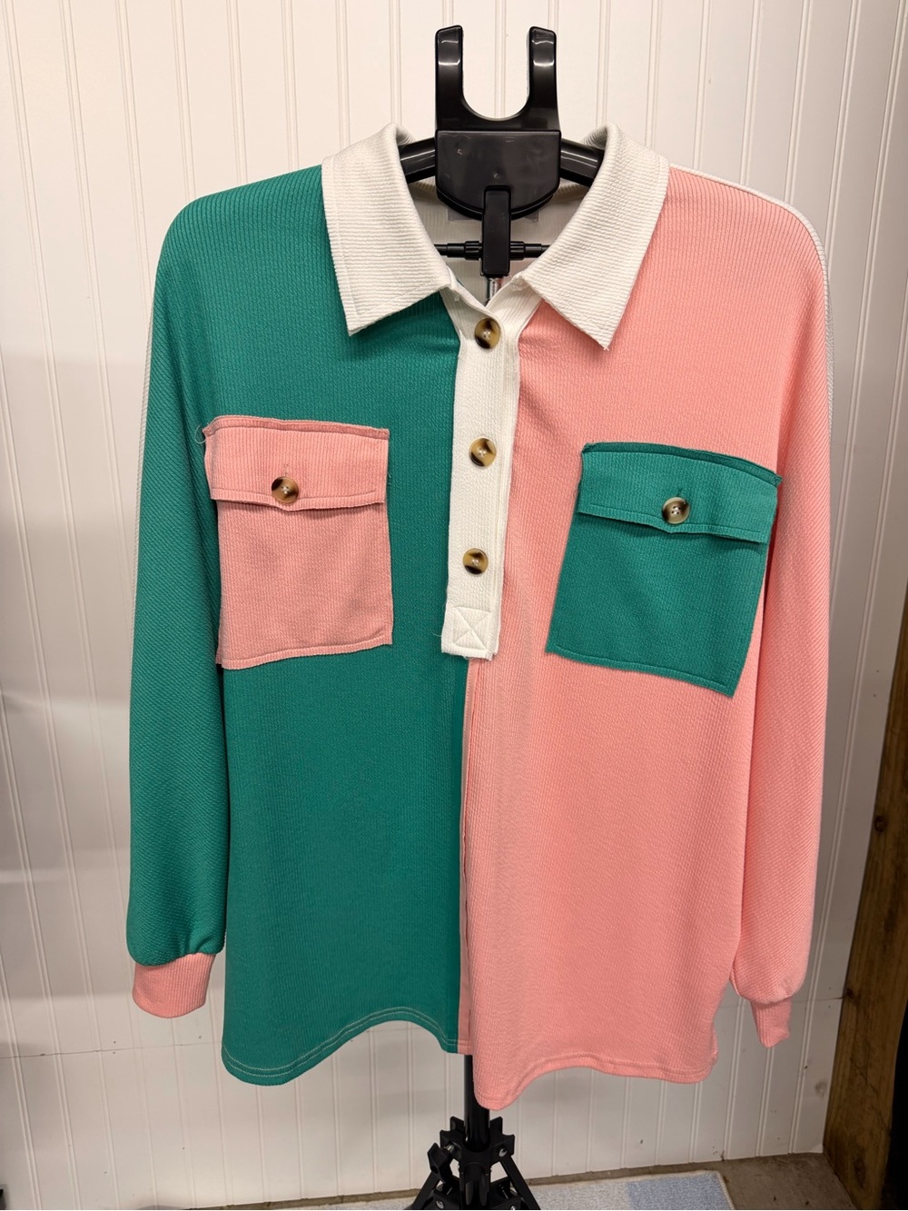 Two-Tone Pink and Teal Button Polo Shirt